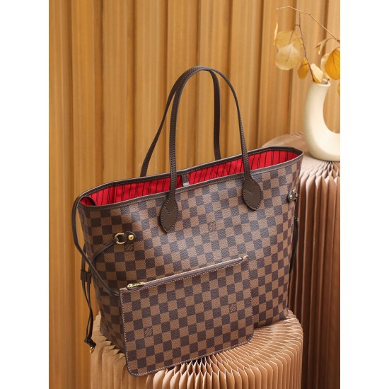 Louis Vuitton N41358 Checkered/Red NEVERFULL Medium Handbag Damier Ebène: Size - 32x28.5x17cm