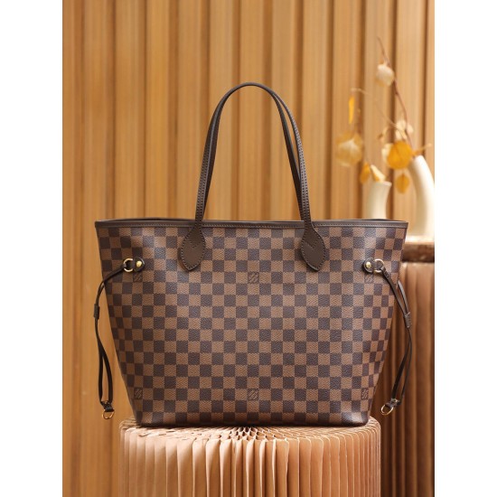 Louis Vuitton N41358 Checkered/Red NEVERFULL Medium Handbag Damier Ebène: Size - 32x28.5x17cm