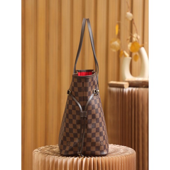 Louis Vuitton N41358 Checkered/Red NEVERFULL Medium Handbag Damier Ebène: Size - 32x28.5x17cm