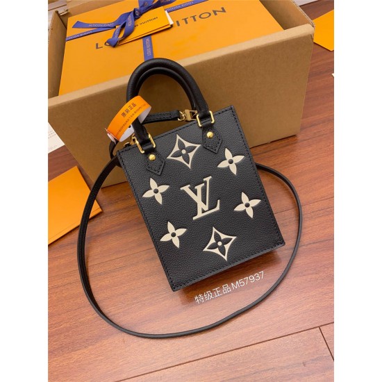 Louis Vuitton PETIT SAC PLAT Handbag (M57937) Black Monogram Empreinte Soft Grained Leather Size: 14x17x5cm