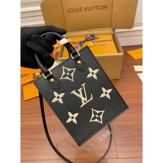 Louis Vuitton PETIT SAC PLAT Handbag (M57937) Black Monogram Empreinte Soft Grained Leather Size: 14x17x5cm