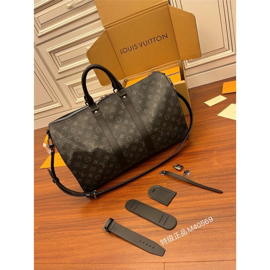 Louis Vuitton M40569 Brown Strap Keepall 45 Travel Bag Black and Gray Monogram Eclipse Black Canvas Size: 45.0x27.0x20.0 cm