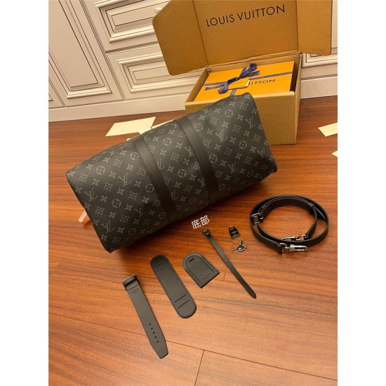 Louis Vuitton M40569 Brown Strap Keepall 45 Travel Bag Black and Gray Monogram Eclipse Black Canvas Size: 45.0x27.0x20.0 cm