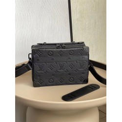 Louis Vuitton HANDLE SOFT TRUNK Handbag (M59163) Black Monogram Leather Embossed Fine Texture with Rivet Corners and Leather Reinforcement Straps, Size: 21.5x15x7cm