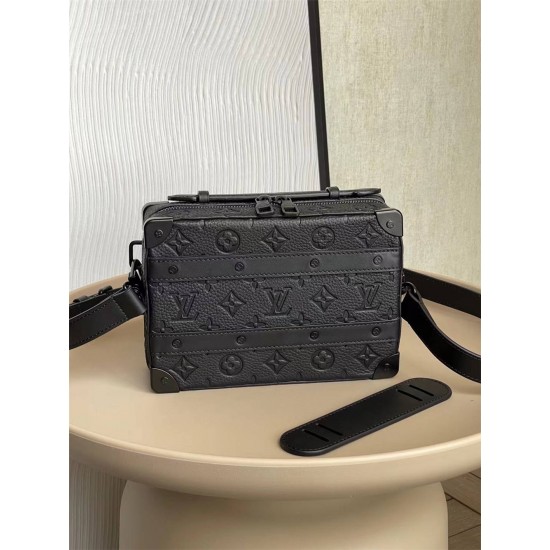 Louis Vuitton HANDLE SOFT TRUNK Handbag (M59163) Black Monogram Leather Embossed Fine Texture with Rivet Corners and Leather Reinforcement Straps, Size: 21.5x15x7cm