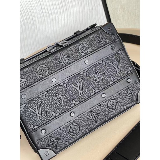 Louis Vuitton HANDLE SOFT TRUNK Handbag (M59163) Black Monogram Leather Embossed Fine Texture with Rivet Corners and Leather Reinforcement Straps, Size: 21.5x15x7cm