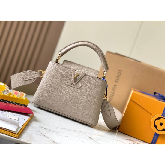 Louis Vuitton Capucines BB Handbag (M59433) Grey with Gold Clasp, Full-grain Calfskin, Size: 21x14x8 cm