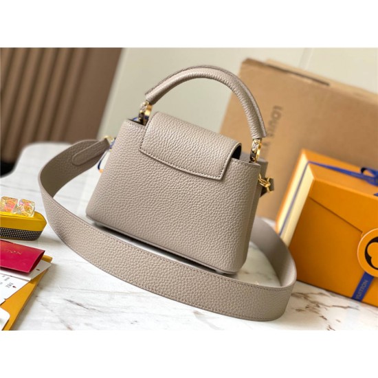 Louis Vuitton Capucines BB Handbag (M59433) Grey with Gold Clasp, Full-grain Calfskin, Size: 21x14x8 cm