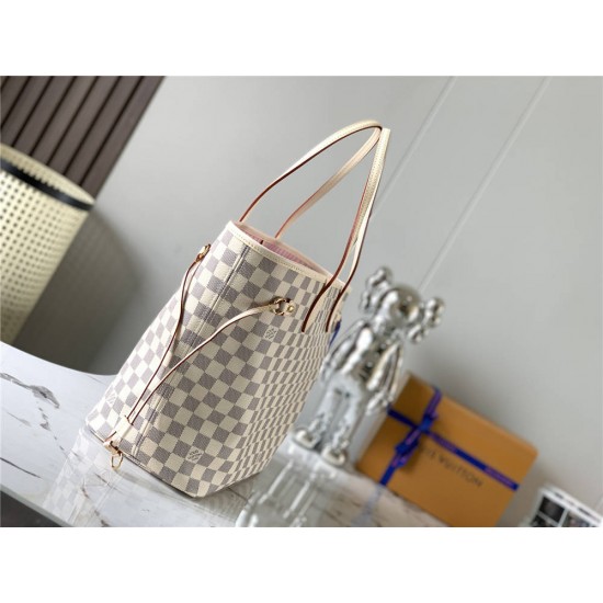 Louis Vuitton N41605 Check/Ballet Pink NEVERFULL Medium Handbag Damier Azur Canvas, Size: 32x28.5x17cm