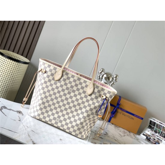 Louis Vuitton N41605 Check/Ballet Pink NEVERFULL Medium Handbag Damier Azur Canvas, Size: 32x28.5x17cm