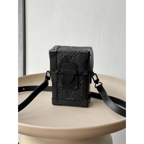 Louis Vuitton VERTICAL TRUNK Mini Handbag (M82070) Black Leather, Taurillon Embossed, Magnetic Flap, Size: 10.7x17.5x6.8cm