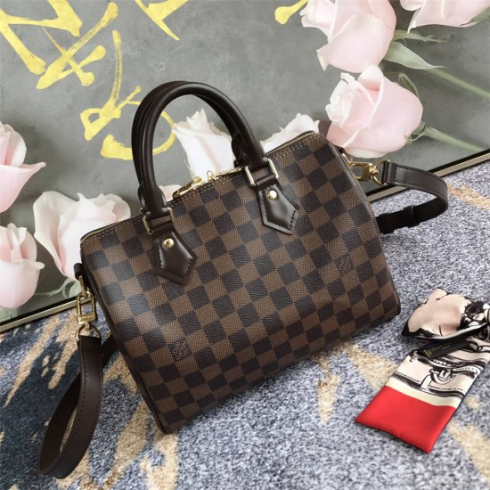 Louis Vuitton SPEEDY 25 Handbag (N41368) with Shoulder Strap, Damier Ebène Canvas, Size: 25x19x15cm