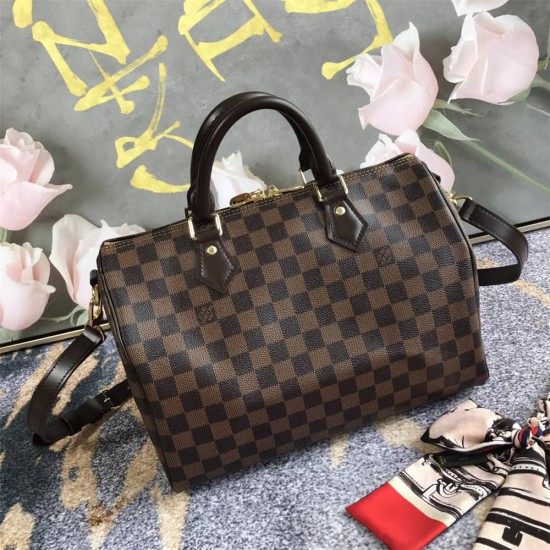 Louis Vuitton SPEEDY 30 Handbag (N41367) with Shoulder Strap, Damier Ebène Canvas, Size: 30x21x17cm [Complete Packaging]