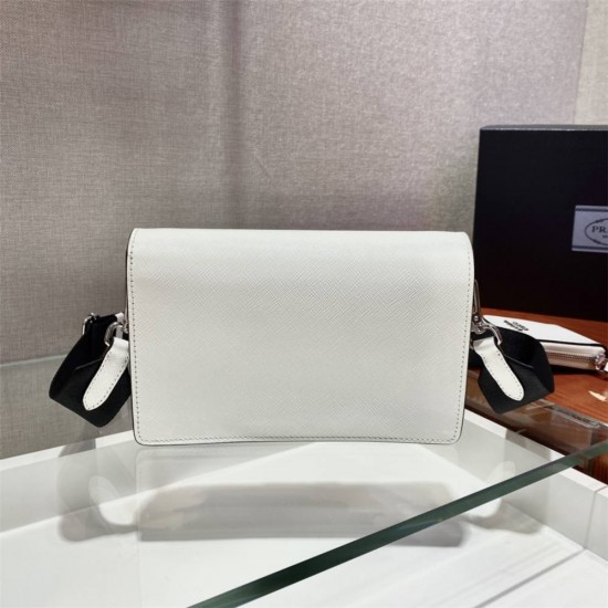 Saffiano Leather Mini Envelope Bag 1BP020A    White   Black shoulder belt  20x12x4cm