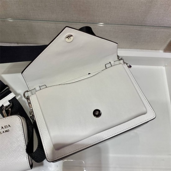 Saffiano Leather Mini Envelope Bag 1BP020A    White   Black shoulder belt  20x12x4cm