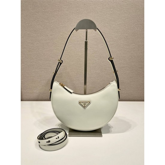 Black Prada Arqué Arque  Leather Shoulder Bag Moon bag 22.5cm  White   Lambskin   1BC194  double  shoulder belt  22.5x18.5x6.5cm