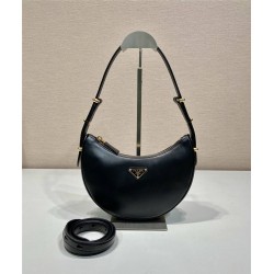 Black Prada Arqué Arque  Leather Shoulder Bag Moon bag 22.5cm  Black   Lambskin   1BC194  double  shoulder belt  22.5x18.5x6.5cm