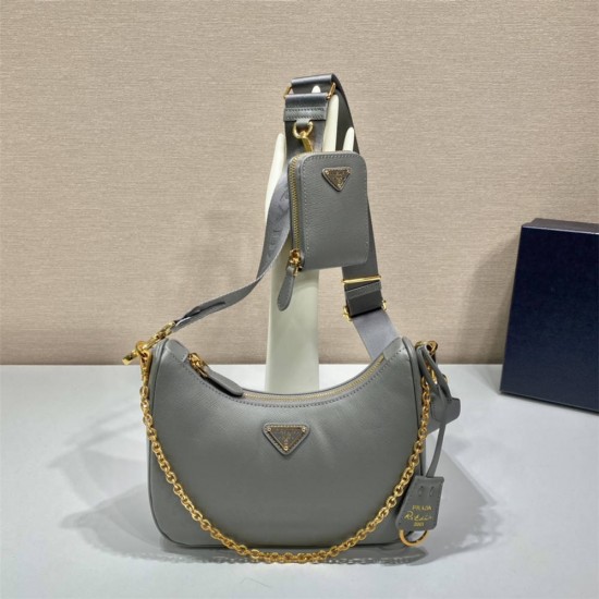 Prada Re-edition 2005 Re-nylon Bag Hobo  grey   three bag 1BH204  gold hardware ， Hobo  leather  23x17x6.5cm