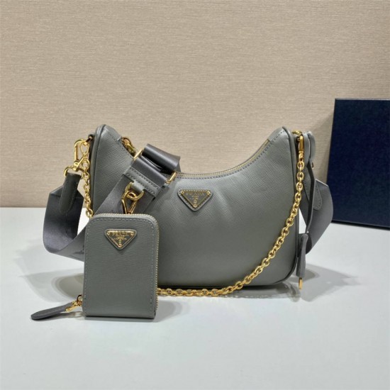 Prada Re-edition 2005 Re-nylon Bag Hobo  grey   three bag 1BH204  gold hardware ， Hobo  leather  23x17x6.5cm