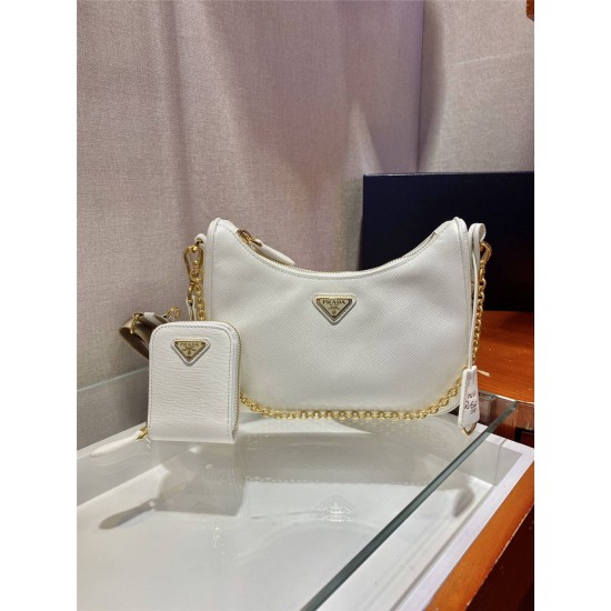 Prada Re-edition 2005 Re-nylon Bag Hobo  White   three bag 1BH204  gold hardware ，Hobo  leather  23x17x6.5cm