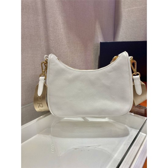 Prada Re-edition 2005 Re-nylon Bag Hobo  White   three bag 1BH204  gold hardware ，Hobo  leather  23x17x6.5cm