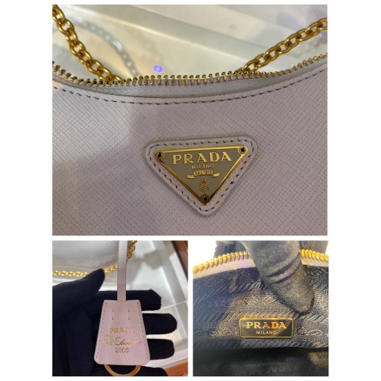 Prada Re-edition 2005 Re-nylon Bag Hobo  White   three bag 1BH204  gold hardware ，Hobo  leather  23x17x6.5cm