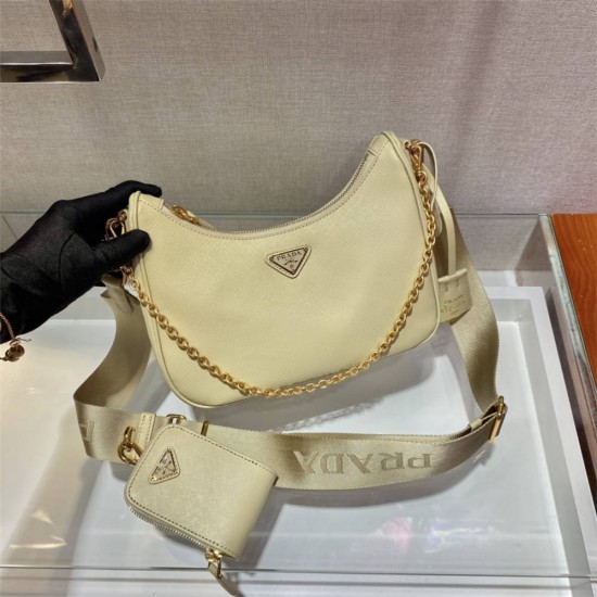 Prada Re-edition 2005 Re-nylon Bag Hobo  light yellow   three bag 1BH204  gold hardware ， Hobo  leather  23x17x6.5cm