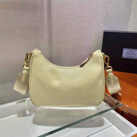 Prada Re-edition 2005 Re-nylon Bag Hobo  light yellow   three bag 1BH204  gold hardware ， Hobo  leather  23x17x6.5cm