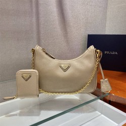 Prada Re-edition 2005 Re-nylon Bag Hobo  yellow   three bag 1BH204  gold hardware ，nylon Hobo  leather  23x17x6.5cm