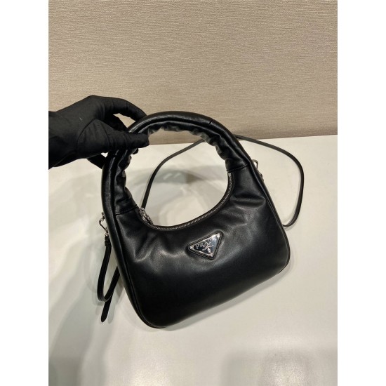 Prada Soft Padded Nappa Leather Mini-bag Hobo  Lambskin   black  three bags Mini21 1BA384  21x12.5x6.5cm