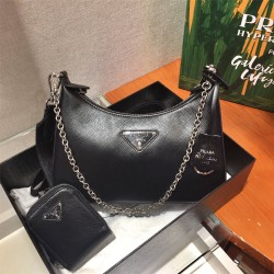 Prada Re-edition 2005 Re-nylon Bag Hobo  black   three bag 1BH204  gold hardware ， Hobo  leather  23x17x6.5cm