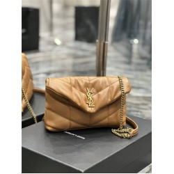 Yves Saint Laurent YSL Loulou Small 23 Puffer Sheepskin Bag Brown Gold Hardware Model: 620333 Size: 23×15.5×8.5cm