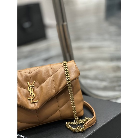 Yves Saint Laurent YSL Loulou Small 23 Puffer Sheepskin Bag Brown Gold Hardware Model: 620333 Size: 23×15.5×8.5cm