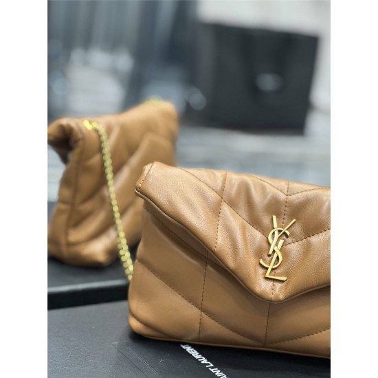 Yves Saint Laurent YSL Loulou Small 23 Puffer Sheepskin Bag Brown Gold Hardware Model: 620333 Size: 23×15.5×8.5cm