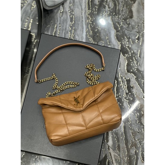 Yves Saint Laurent YSL Loulou Small 23 Puffer Sheepskin Bag Brown Gold Hardware Model: 620333 Size: 23×15.5×8.5cm