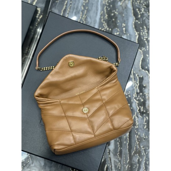 Yves Saint Laurent YSL Loulou Small 23 Puffer Sheepskin Bag Brown Gold Hardware Model: 620333 Size: 23×15.5×8.5cm