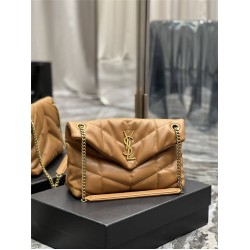 Yves Saint Laurent YSL Loulou Medium 29 Puffer Sheepskin Bag Brown Gold Hardware Model: 577476 Size: 29x17x11cm