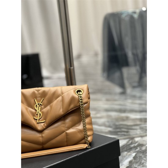 Yves Saint Laurent YSL Loulou Medium 29 Puffer Sheepskin Bag Brown Gold Hardware Model: 577476 Size: 29x17x11cm