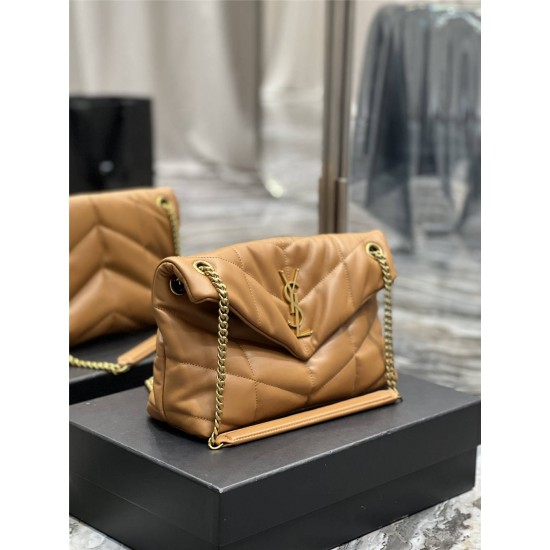 Yves Saint Laurent YSL Loulou Medium 29 Puffer Sheepskin Bag Brown Gold Hardware Model: 577476 Size: 29x17x11cm