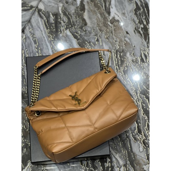 Yves Saint Laurent YSL Loulou Large 35 Puffer Sheepskin Bag Brown Gold Hardware Model: 577475-1 Size: 35x23x13.5cm