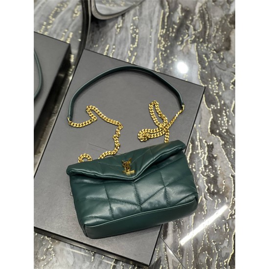 Yves Saint Laurent YSL Loulou Small 23 Puffer Sheepskin Bag Green Gold Hardware Model: 620333 Size: 23×15.5×8.5cm