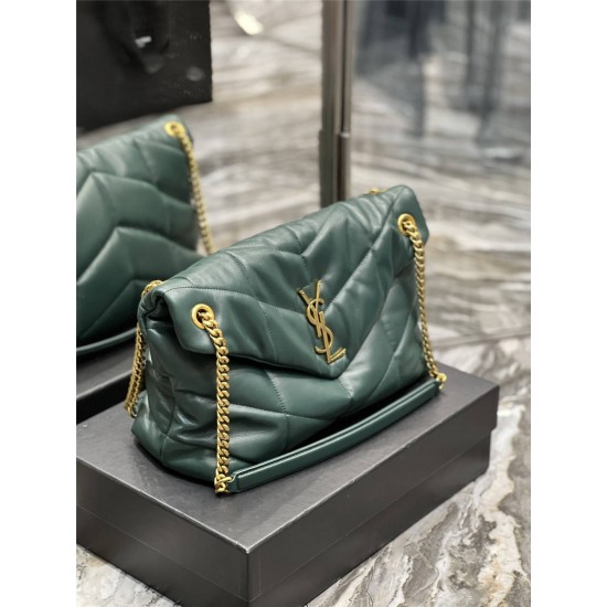 Yves Saint Laurent YSL Loulou Large 35 Puffer Sheepskin Bag Green Gold Hardware Model: 577475-1 Size: 35x23x13.5cm