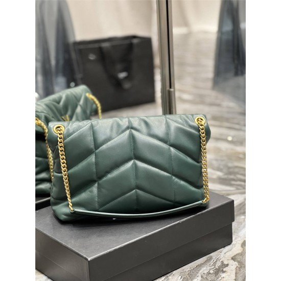 Yves Saint Laurent YSL Loulou Large 35 Puffer Sheepskin Bag Green Gold Hardware Model: 577475-1 Size: 35x23x13.5cm