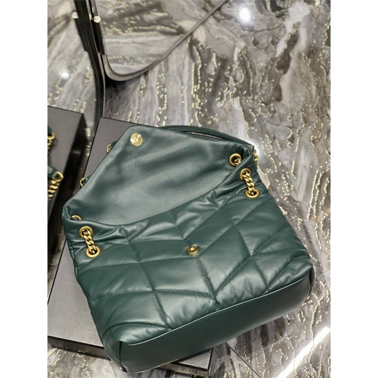 Yves Saint Laurent YSL Loulou Large 35 Puffer Sheepskin Bag Green Gold Hardware Model: 577475-1 Size: 35x23x13.5cm