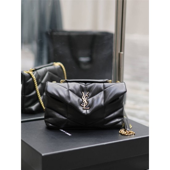 Yves Saint Laurent YSL Loulou Small 23 Puffer Sheepskin Bag Black Gold Hardware Model: 620333 Size: 23×15.5×8.5cm