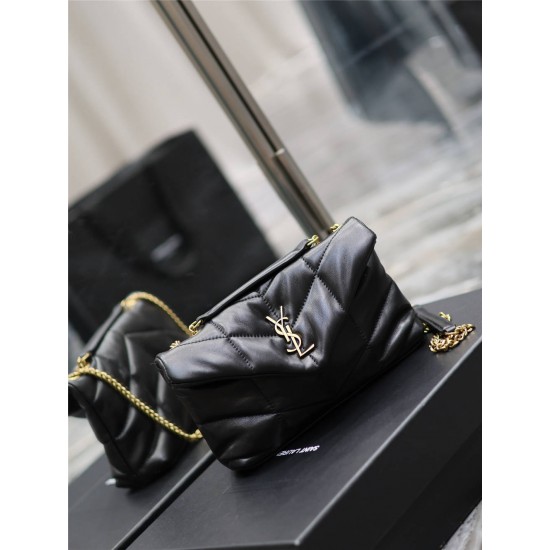 Yves Saint Laurent YSL Loulou Small 23 Puffer Sheepskin Bag Black Gold Hardware Model: 620333 Size: 23×15.5×8.5cm