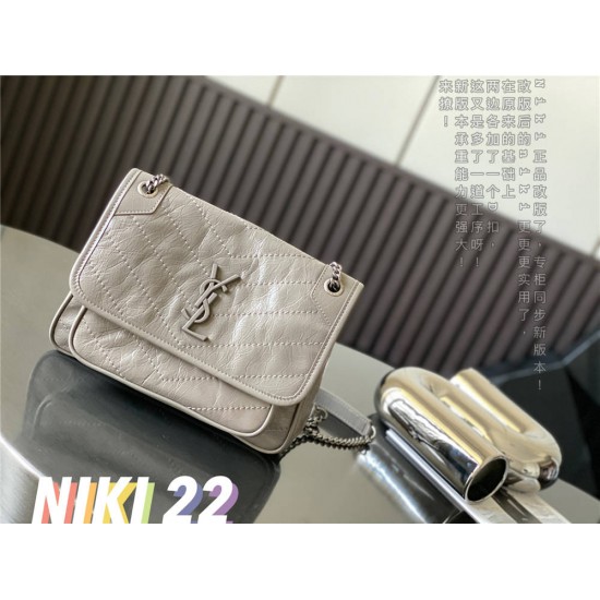 Yves Saint Laurent YSL Niki Small 22 Calfskin Bag Light Grey Model: 633151 Size: 22×16.5×12cm