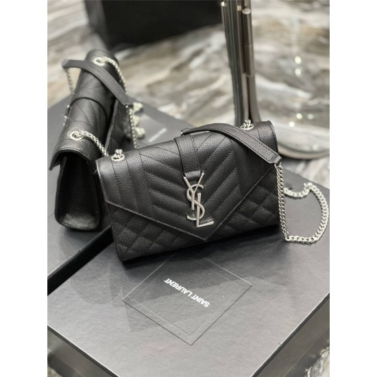 Yves Saint Laurent YSL Envelope Small 21 Black Silver Hardware Grained Leather Model: 526286 Size: 21x13x6cm