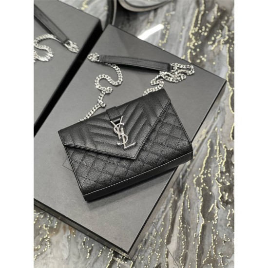 Yves Saint Laurent YSL Envelope Small 21 Black Silver Hardware Grained Leather Model: 526286 Size: 21x13x6cm