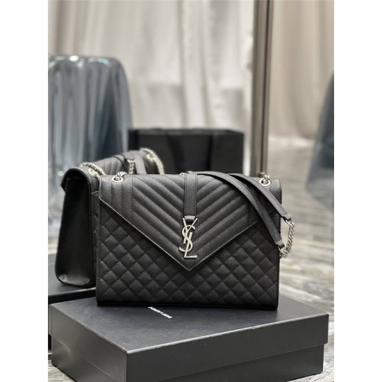 Yves Saint Laurent YSL Envelope Large 31 Black Silver Hardware Grained Leather Model: 487198 Size: 31×22×7.5cm